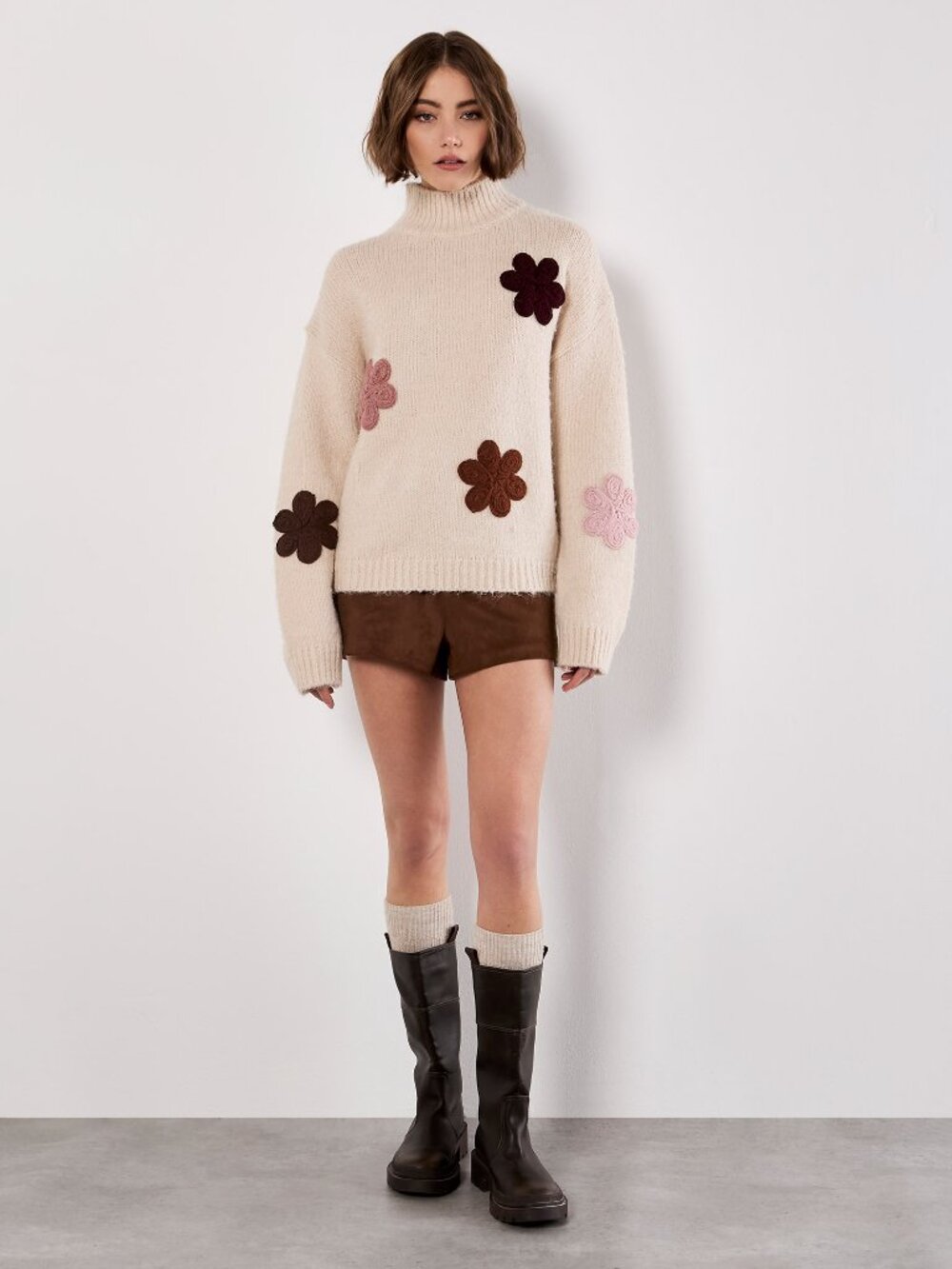 Mock Neck Sweater with Floral Applique